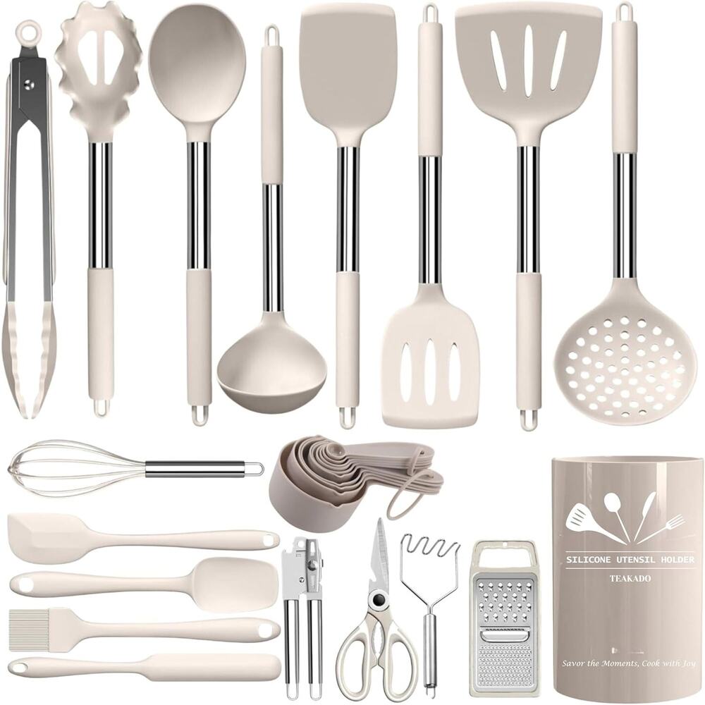 27PCS Silicone Kitchen Utensil Set Stainless Steel Handle Heat Resistant Khaki